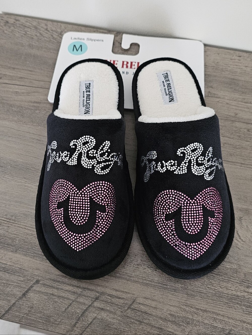 True Religion Black Plush Slide Slippers with Pink Rhinestone Heart Medium 6.5